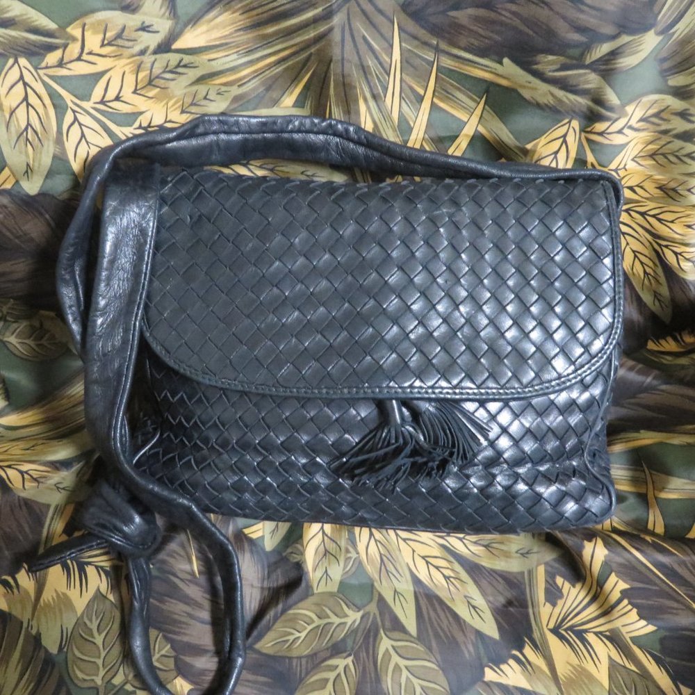 ❤️COSCI Black Intrecciato Woven Shoulder Bag Crossbody Tassle Purse
